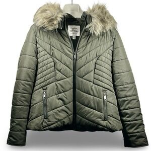 Maralyn & Me Faux Fur Hooded Quilted Puffer Jacket Size XL Preppy Fitted Neutral